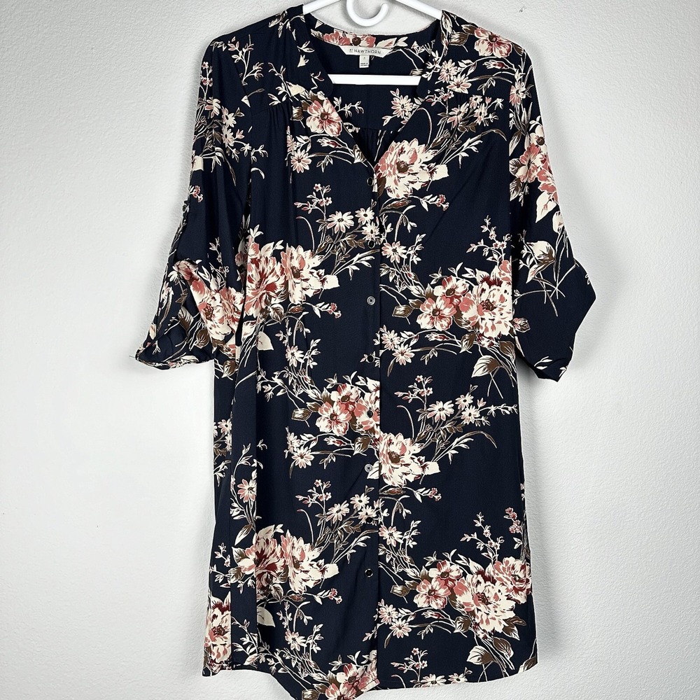 41 HAWTHORN Cristen Button Down Shirt Dress, Womens Small Blue Floral Tab Sleeve
